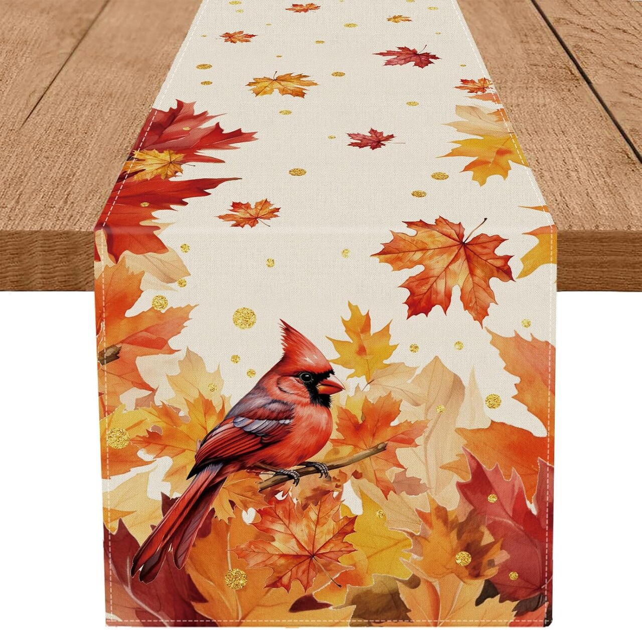 Fall Table Runner – Cardinal Red Bird & Maple Leaves, Autumn Thanksgiving Table Décor, 13 x 72 Inch